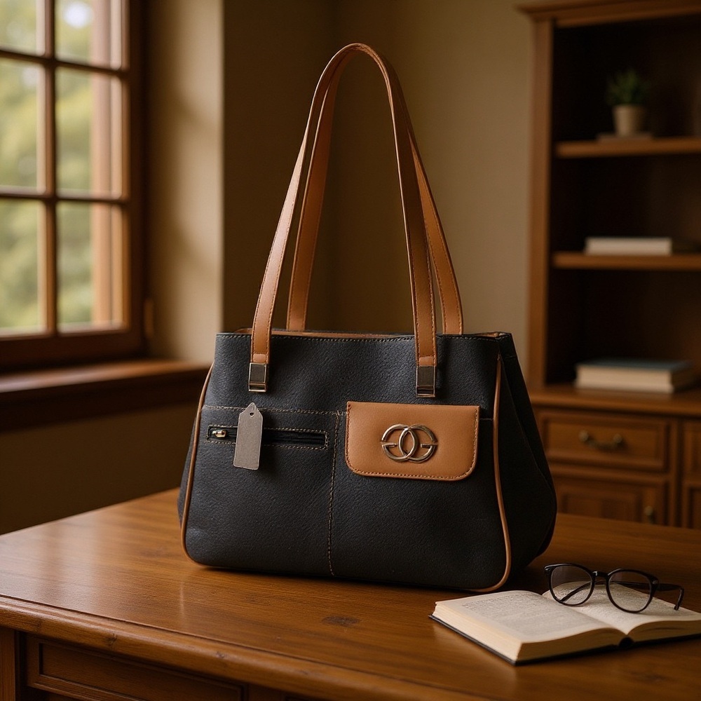 NWT Blue Jean G shoulder bag Chic Black and Tan Designer Handbag - Picture 2 of 9